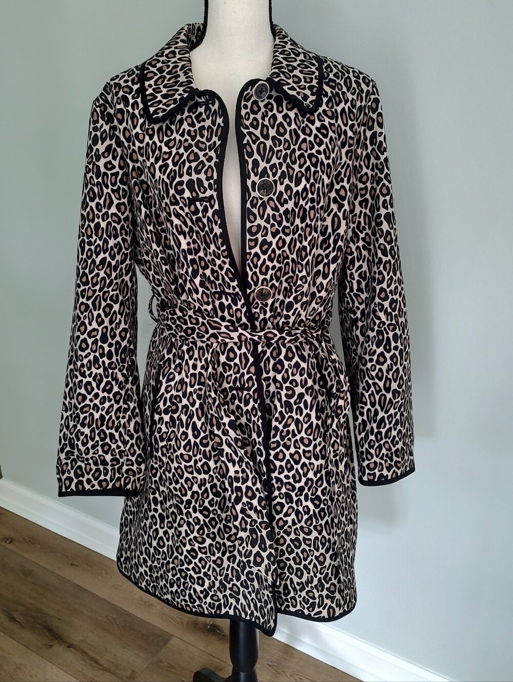 Dennis Basso Leopard Print Belted Raincoat L